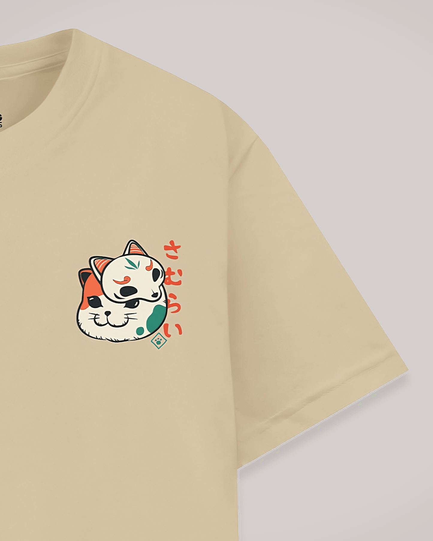 Cat Samurai - oversized T-shirt blanched almond - left front print - Datclothing
