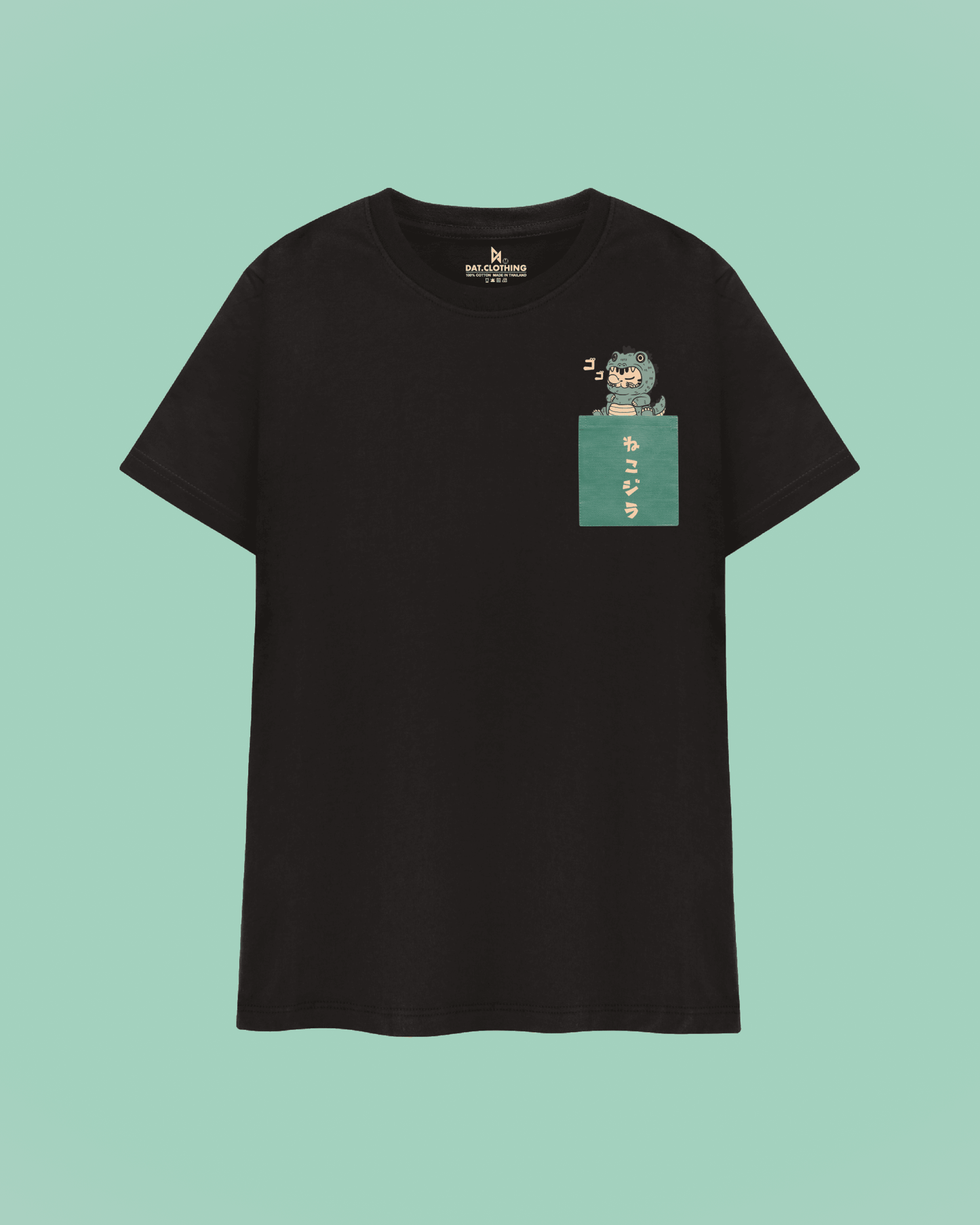 Datclothing - Catzilla print with pocket - black T-shirt