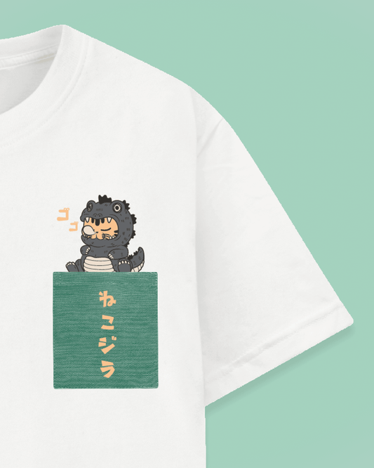 Datclothing - Catzilla print with pocket - white T-shirt - zoomed in on pocket