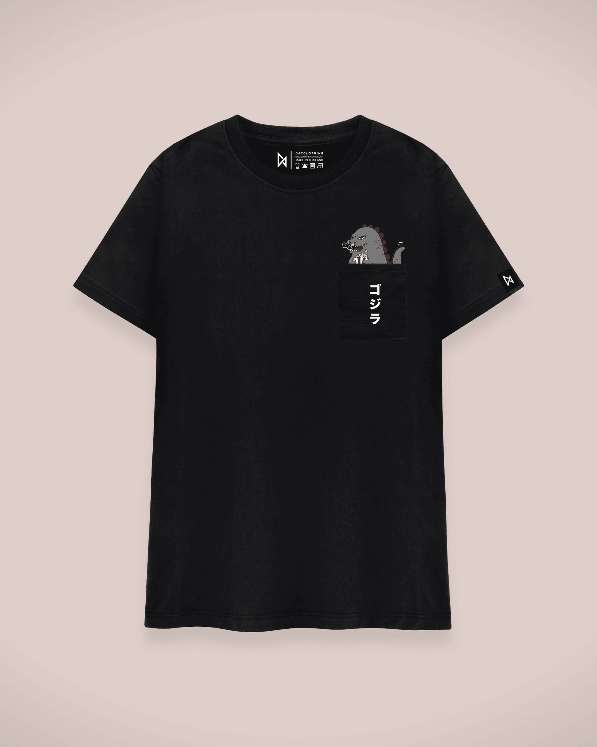 Datclothing - Black T-Shirt with Godzilla eating popcorn print and pocket
