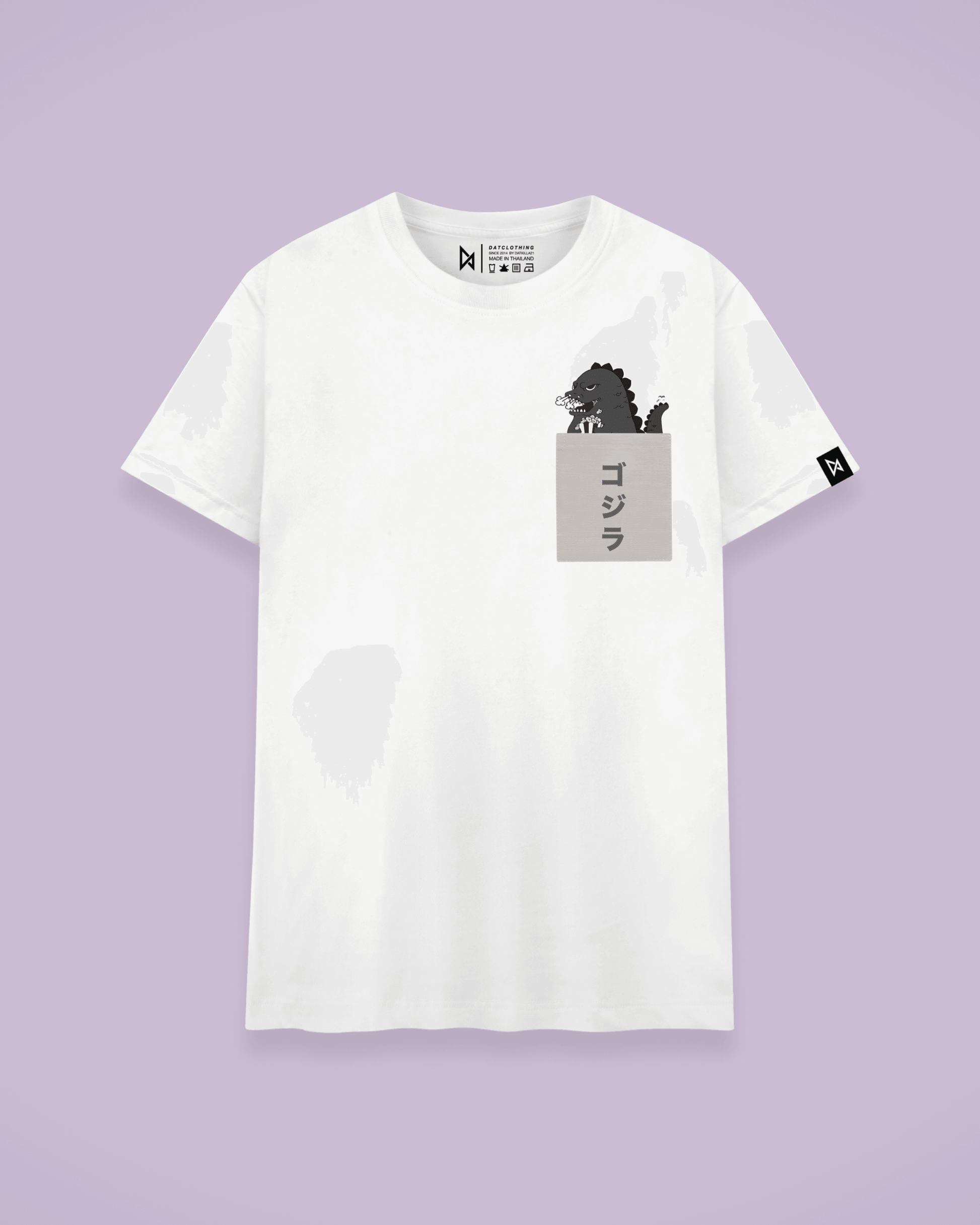 Datclothing - White T-Shirt with Godzilla eating popcorn print and pocket