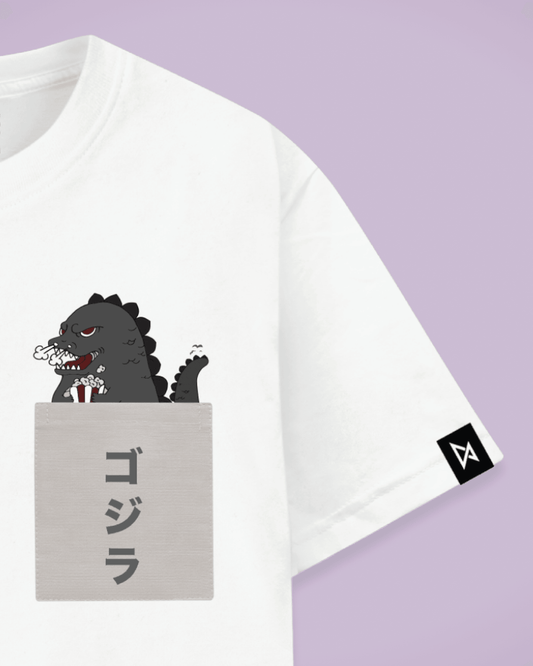 Datclothing - White T-Shirt with Godzilla eating popcorn print and pocket - Zoomed in on the pocket design
