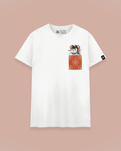 Datclothing - Inu Hariko (dog doll) print - orange with flower pattern pocket T-shirt