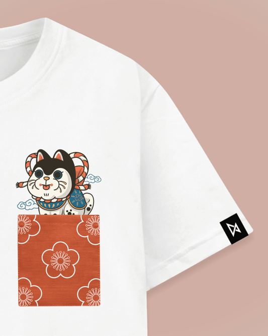 Datclothing - White T-Shirt with Inu Hariko print and  orange with flower pattern pocket - Zoomed In on the Pocket Design