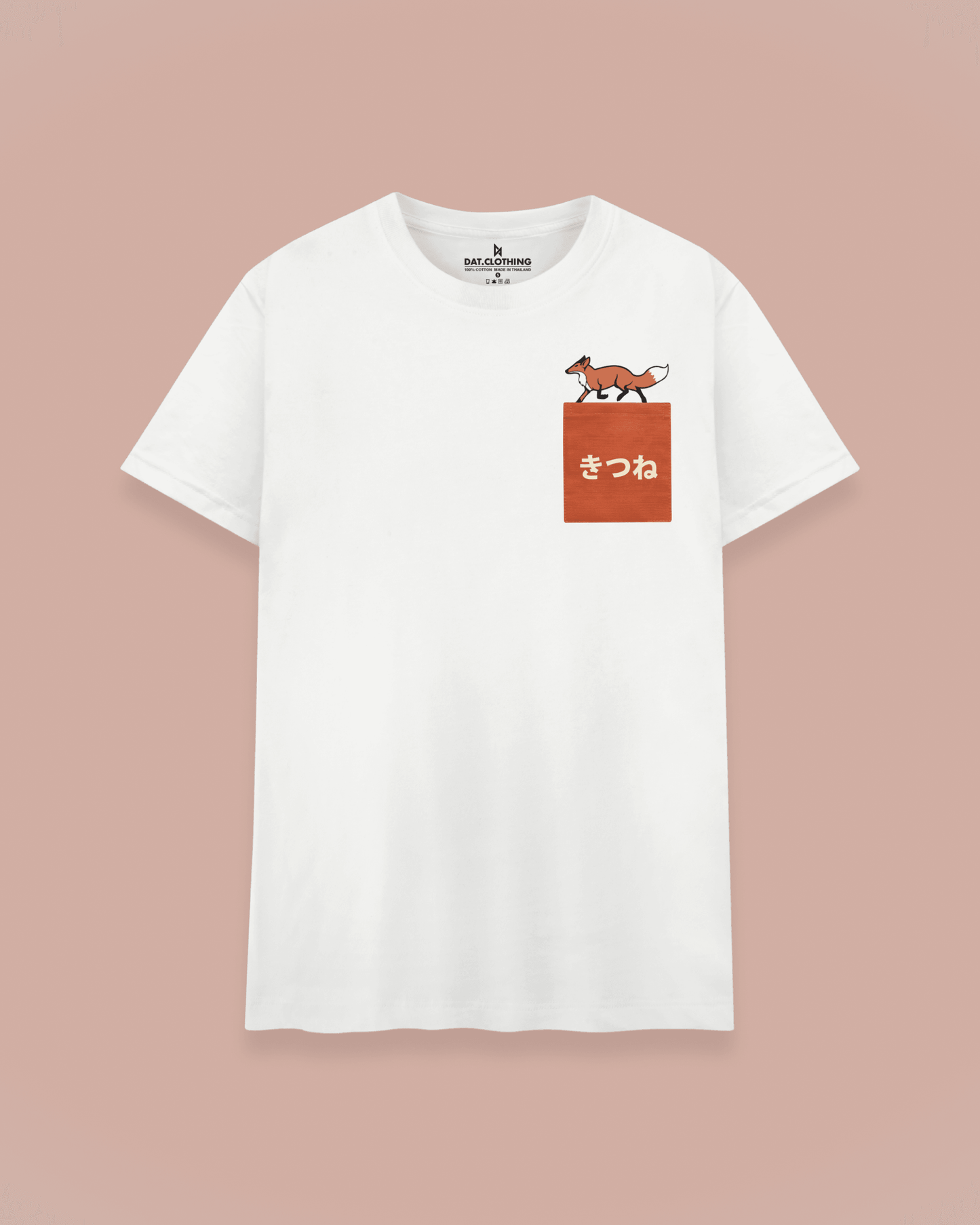 Datclothing - White T-Shirt with Kitsune (fox) print and pocket