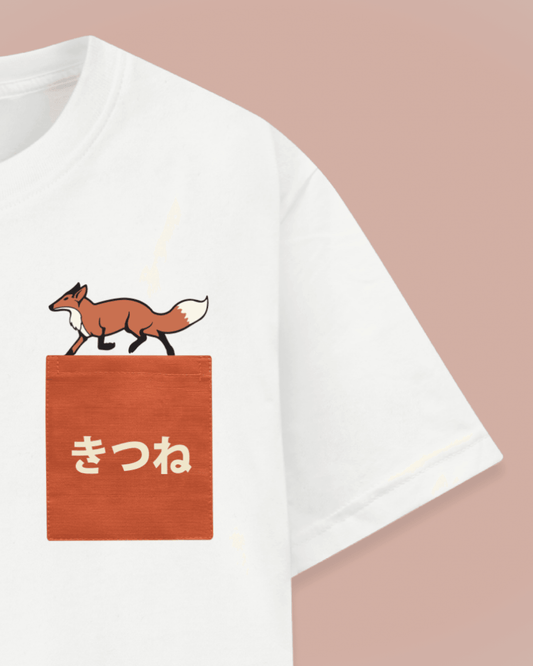 Datclothing - White T-Shirt with Kitsune (fox) print and pocket - Zoomed In on the Pocket Design