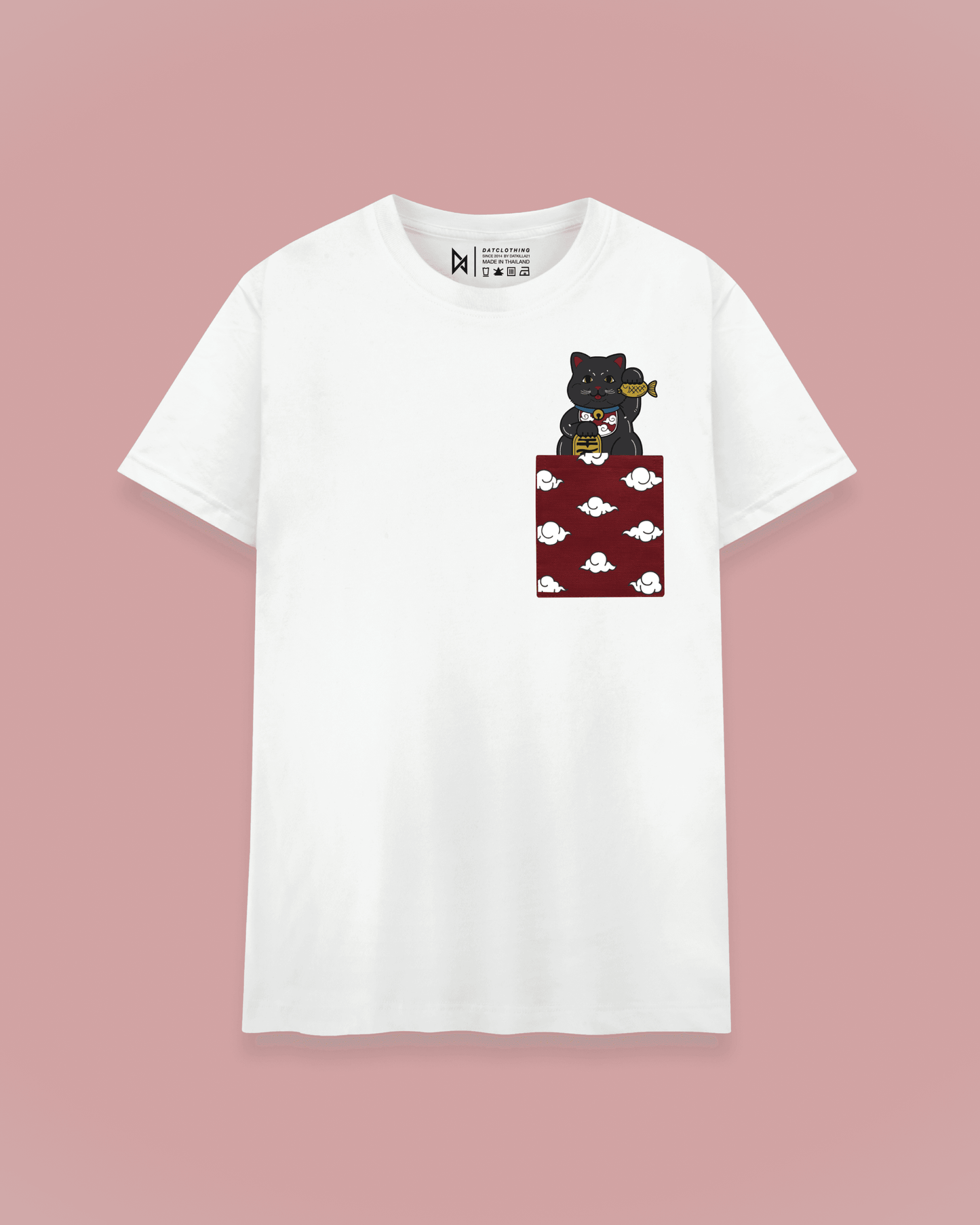 White T-shirt with Maneki Neko print and red pocket with clouds