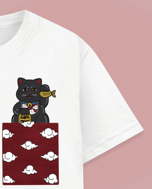 White T-shirt with Maneki Neko print and red pocket with clouds - Zoomed in on pocket design