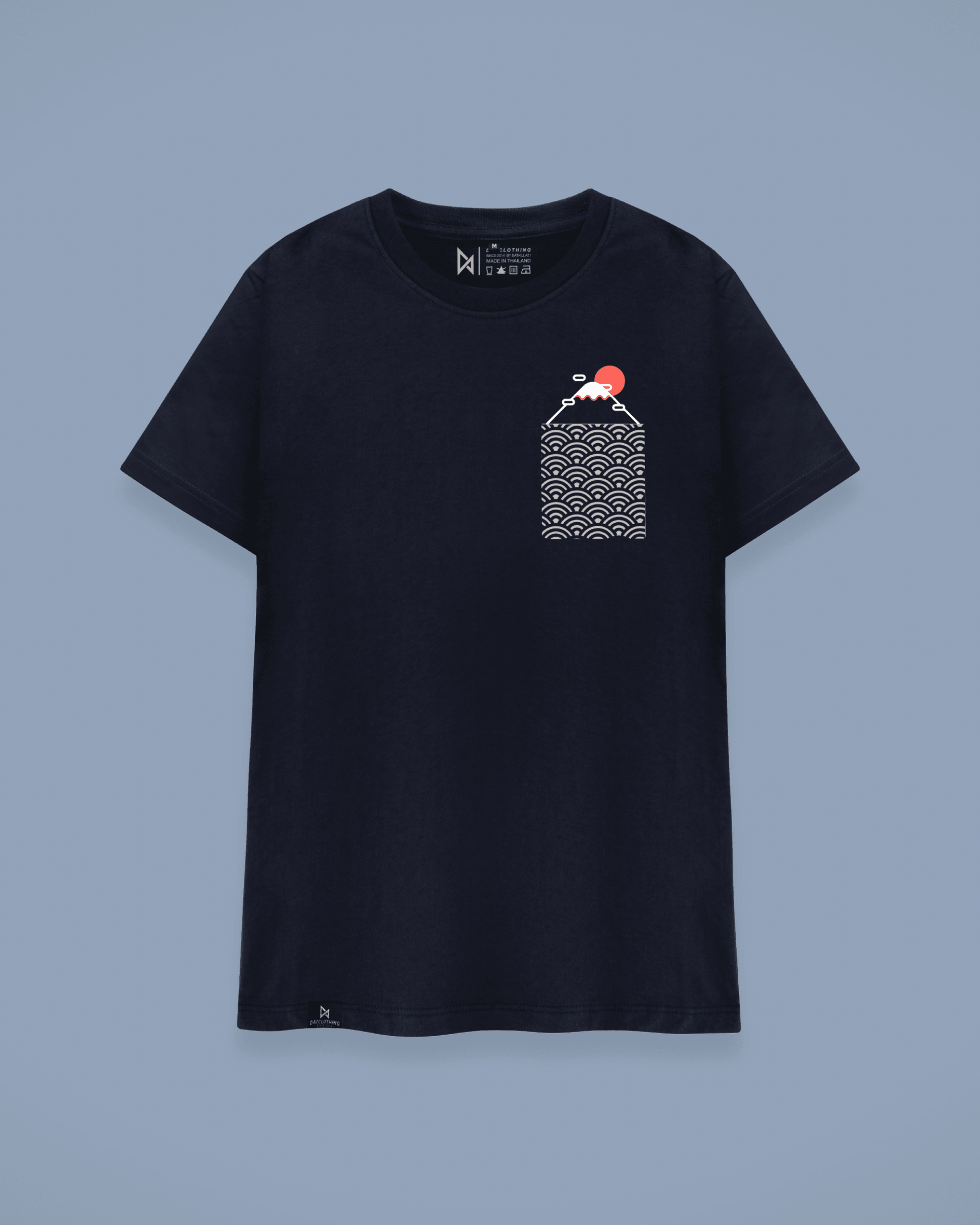 Datclothing - Navy Blue T-Shirt with Mount Fuji Print and White Waves Pocket