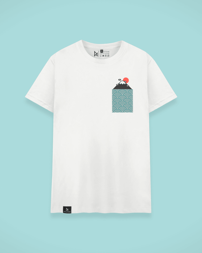 Datclothing - White T-Shirt with Mount Fuji Print and White Waves Pocket