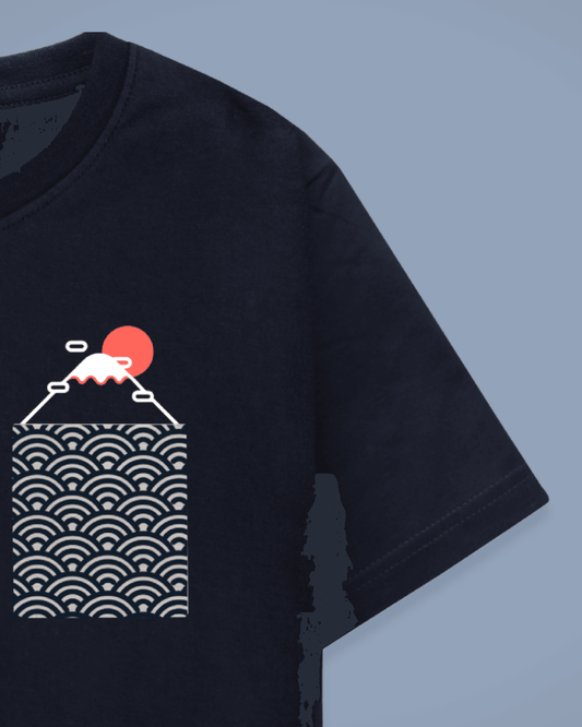 Datclothing - Navy Blue T-Shirt with Mount Fuji Print and White Waves Pocket - Zoomed In on the Pocket Design