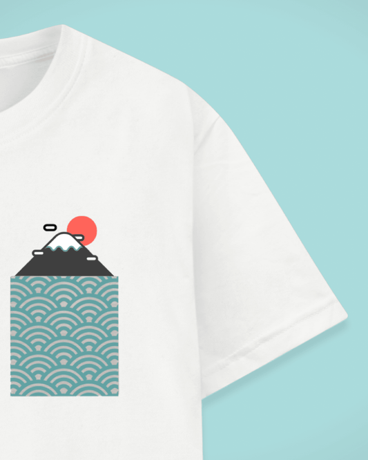 Datclothing - White T-Shirt with Mount Fuji Print and White Waves Pocket - Zoomed In on the Pocket Design