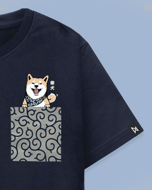 Datclothing - Navy Blue T-Shirt with Shiba Inu Print - Zoomed In on the Pocket Design