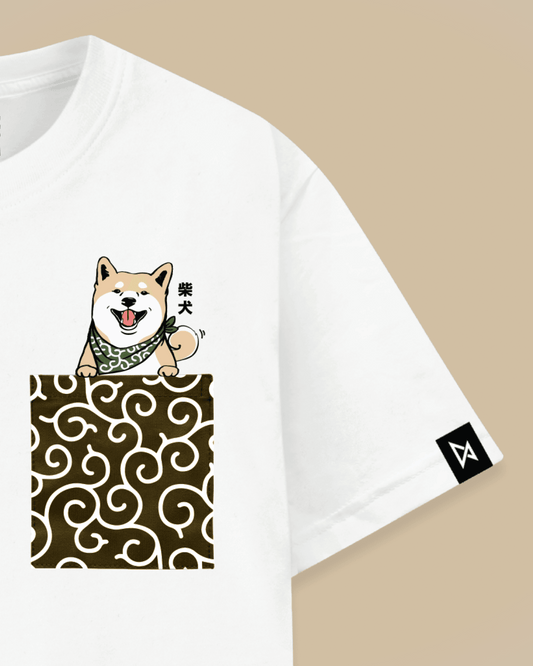 Datclothing - White T-Shirt with Shiba Inu Print - Zoomed In on the Pocket Design