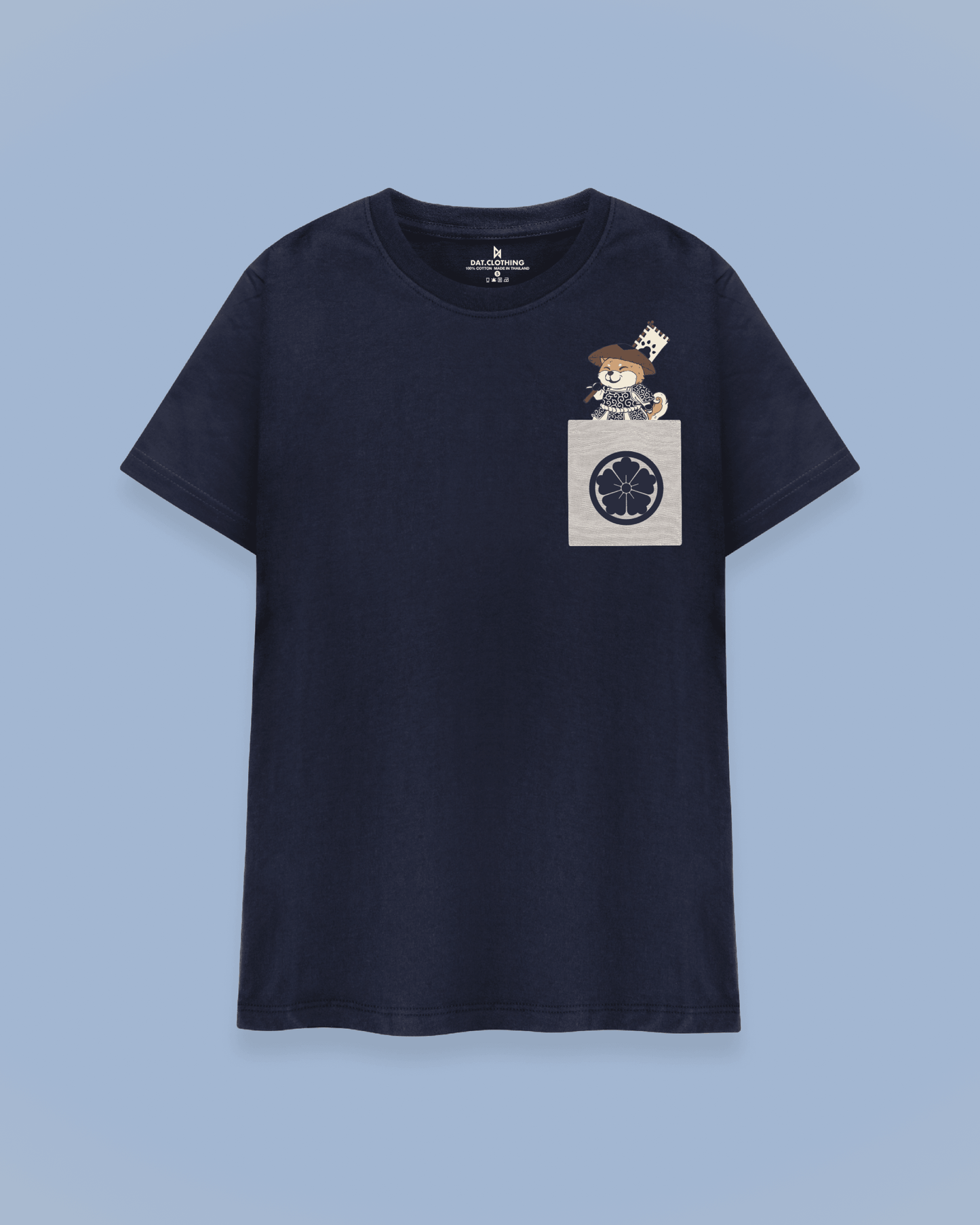Datclothing - Shiba inu in samurai outfit print with pocket - navy blue T-shirt