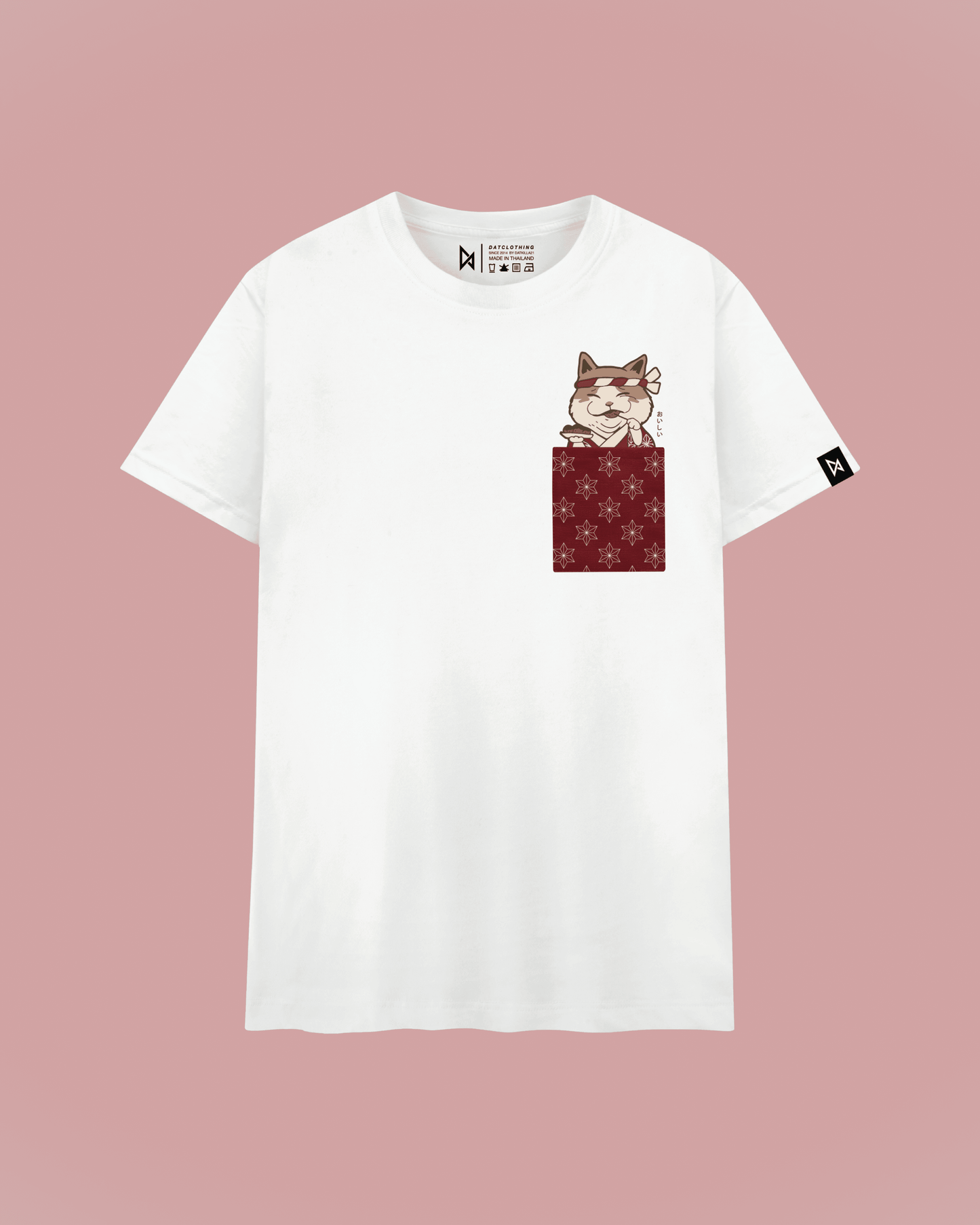 Datclothing - White T-Shirt with Takoyaki Neko (cat) print and pocket