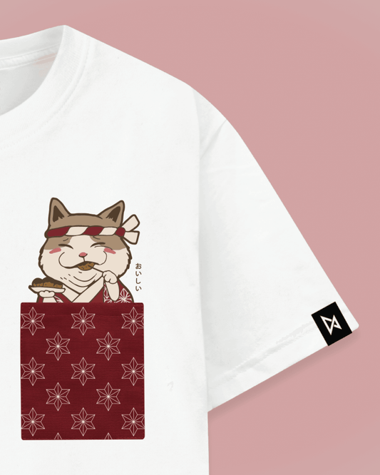 Datclothing - White T-Shirt with Takoyaki Neko (cat) print and pocket - Zoomed in on the pocket design