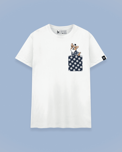 Datclothing - White t-shirt with blue pocket and Welsh Corgi balancing an Japanese snack onigiri print