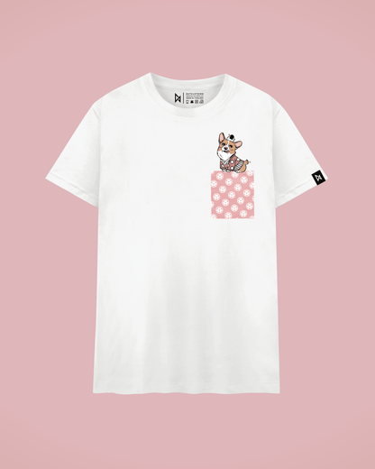 Datclothing - White t-shirt with pink pocket and Welsh Corgi balancing an Japanese snack onigiri print